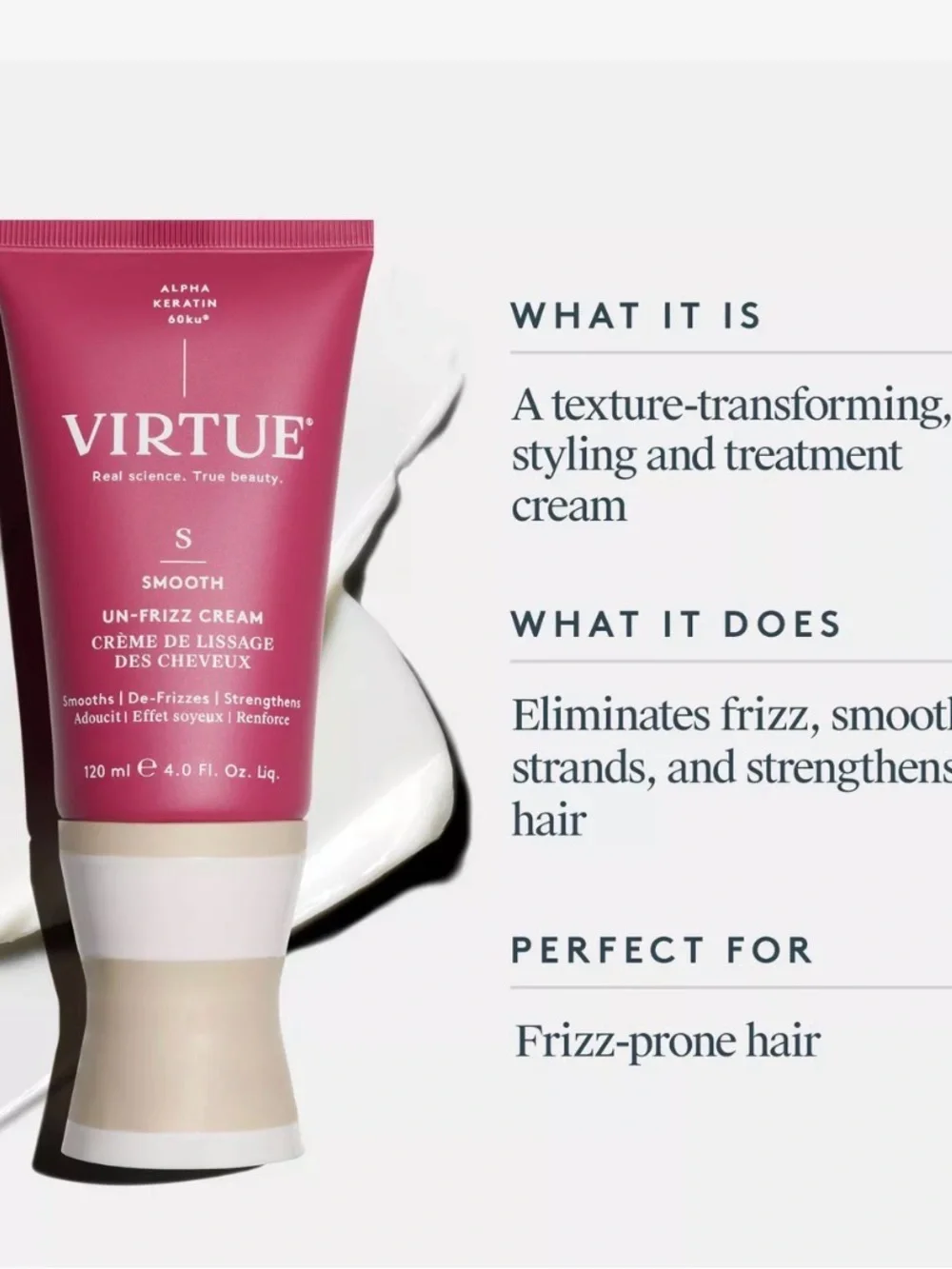 Virtue Smooth Un-Frizz Cream - Full Size 4 oz; retail $44 new/unopened